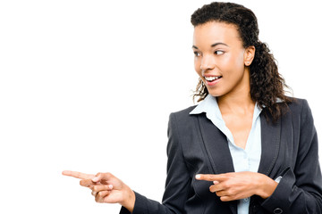 Attractive African American businesswoman pointing isolated on w