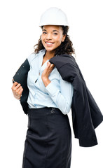 African American businesswoman architect holding blueprints isol