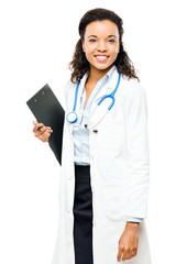 African American Doctor happy smiling isolated on white backgrou