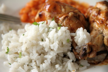 Chicken in tomato sauce with rice and beans