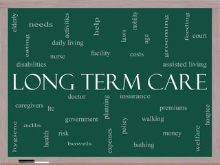Long Term Care Word Cloud Concept on a Blackboard