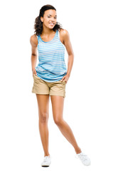 Happy african american woman isolated on white background