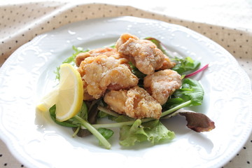 asian food, fried chicken with salad