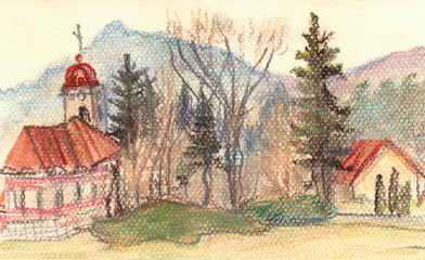 Temple against mountains