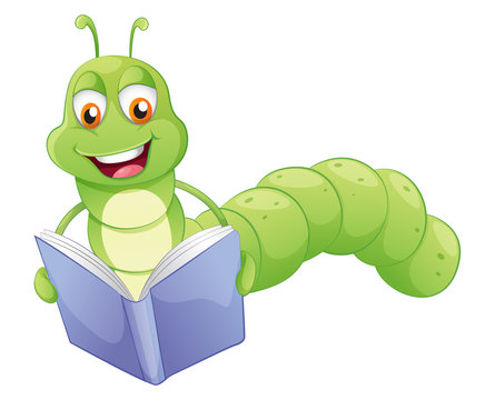 A smiling worm reading