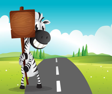 A narrow road with a zebra holding an empty signboard
