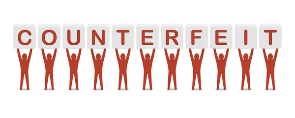 Men holding the word counterfeit. Concept 3D illustration.
