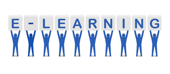 Men holding the word e-learning. Concept 3D illustration.