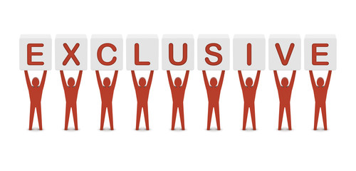 Men holding the word exclusive. Concept 3D illustration.