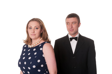 Woman in charge of man - humorous concept, isolated on white