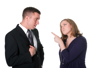 Angry woman blames man, isolated on white