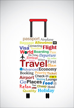 Travel Bag Concept Illustration with most used terminologies
