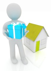 3d man with gift and house