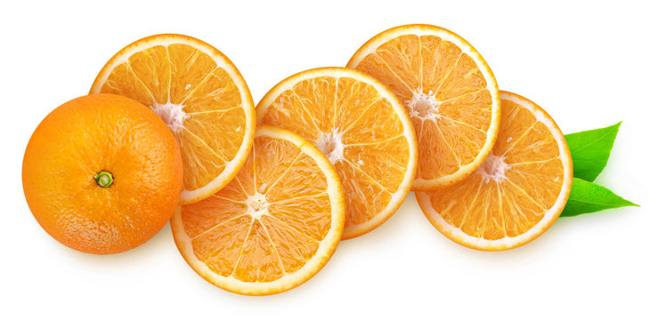 Isolated orange. Slices of orange fruit in a row isolated on white background
