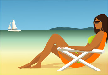 Summer background with young woman sunbathing on the beach