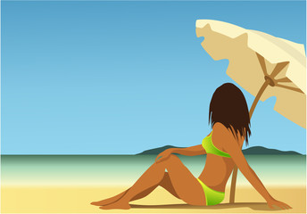 Summer background with young woman sunbathing on the beach