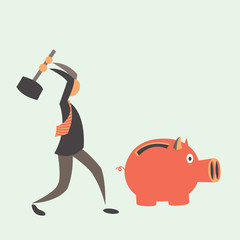 Business man breaking piggy