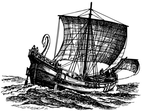 Ancient sailboat at sea