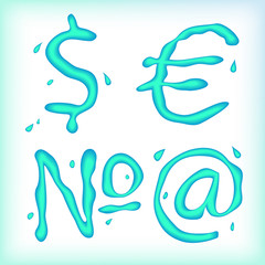 Liquid alphabet. Fluid letters, digits and signs.