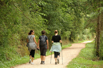 Tres mujeres paseando por el campo