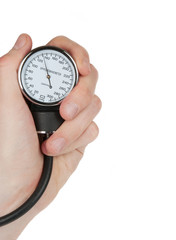 Hand holding a sphygmomanometer isolated on white background