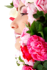 Naklejka premium beautiful female face with flowers roses frame