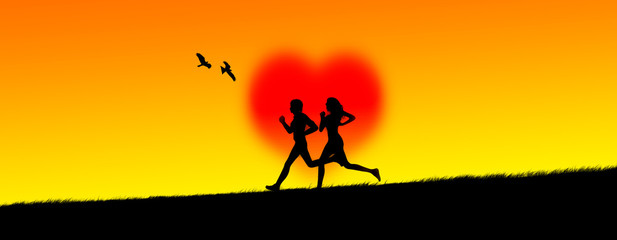 Silhouette of a young loving couple jogging