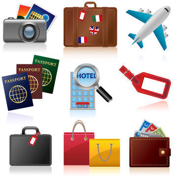 Set of icons relating to travel and tourism