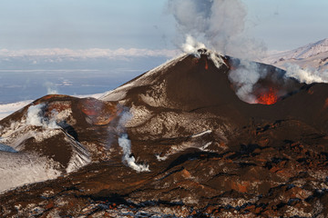 Aerial view of volcanic eruption Tolbachik Volcano. Kamchatka Peninsula