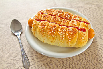 bread with sausage or hotdog