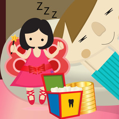 Illustration of a cute little Tooth Fairy flying with Tooth