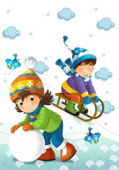 Naklejka premium Children at play on the snow