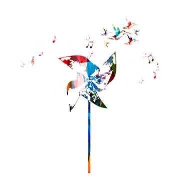 Colorful paper windmill vector background with hummingbirds