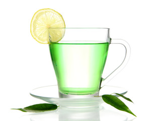 Transparent cup of green tea with lemon, isolated on white