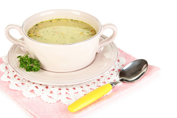 Nourishing soup with vegetables in pan isolated on white