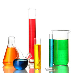 Test tubes with colorful liquids isolated on white