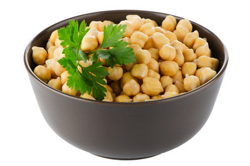 Closeup of a bowl with boiled chickpeas