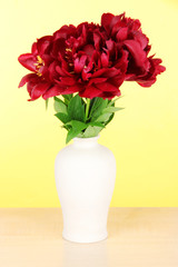 Beautiful peonies in vase on table on yellow background