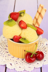 Delicious  ice cream with fruits and berries in bowl