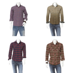 four male mannequin dressed in cotton plaid shirt