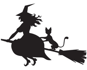 Witch on a broom and cat - obrazy, fototapety, plakaty