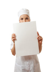 woman nurse or doctor  showing blank sign board.