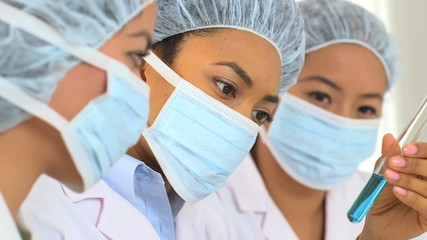 Closeup of a team of multi-ethnic female scientists analyze subs