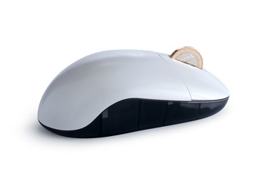 Mouse with coin isolated with clipping path