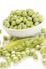 fresh picked peas in a white bowl