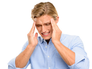 Stressed man suffering from headache isolated on white backgroun