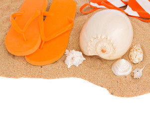 orange sandals and seashells on sand