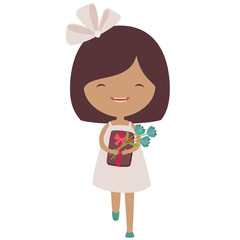 Happy running little girl with a gift and flowers