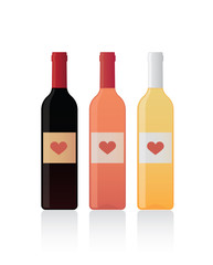Isolated bottles of wine with heart label set