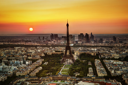 Paris, France at sunset. Aerial view on the Eiffel Tower